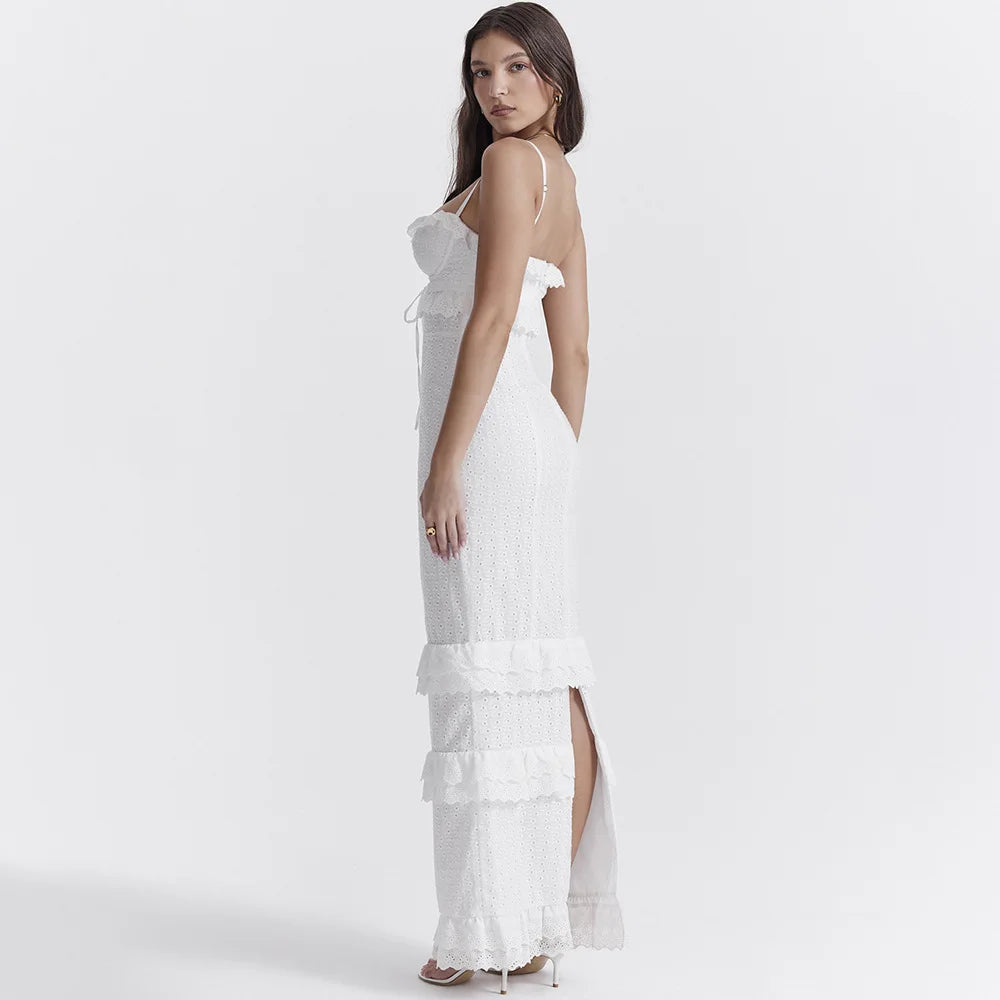 Besticktes Maxikleid Weiß | Luftig & atmungsaktiv | Camisole mit verstellbaren Trägern-Luzern Mode