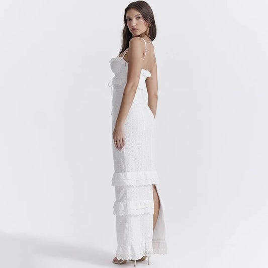 Besticktes Maxikleid Weiß | Luftig & atmungsaktiv | Camisole mit verstellbaren Trägern-Luzern Mode