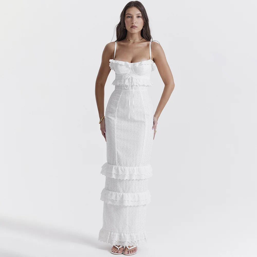 Besticktes Maxikleid Weiß | Luftig & atmungsaktiv | Camisole mit verstellbaren Trägern-Luzern Mode