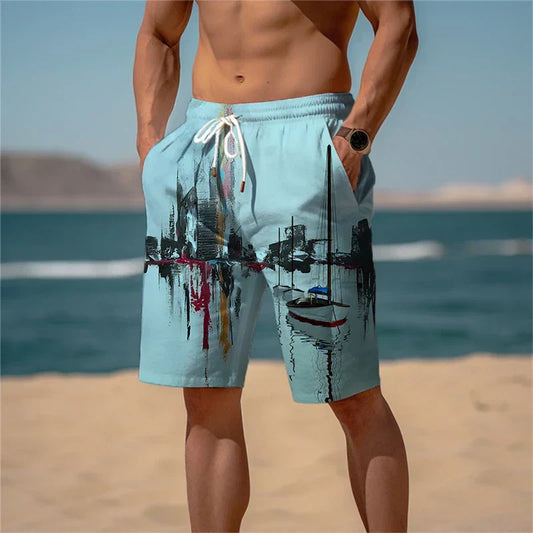 Herren Shorts Sommer | Baumwolle 3D Print | atmungsaktiv leicht | Strand Freizeit-Hellblau gefleckt-S-Luzern Mode