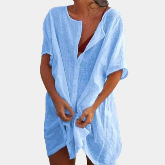 Damen Strandtunika | Leinenmix | Kurzarm | Weiter Schnitt | Einfarbig-Blau-S-Luzern Mode