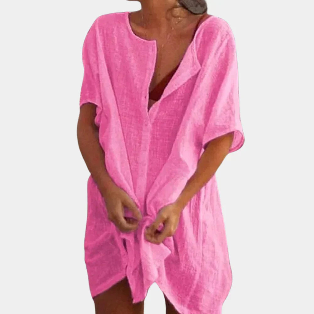 Damen Strandtunika | Leinenmix | Kurzarm | Weiter Schnitt | Einfarbig-Rosa-S-Luzern Mode