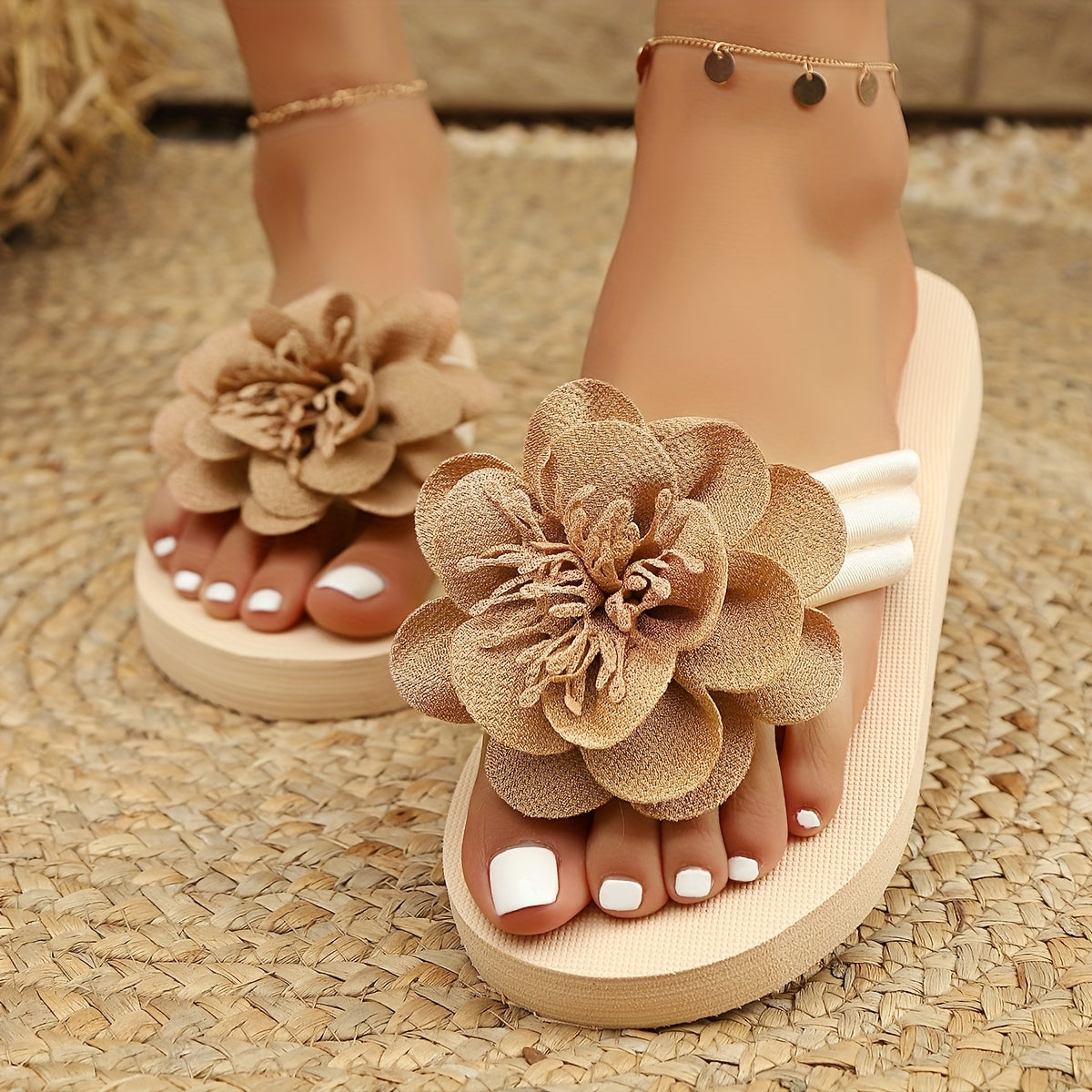 Sommer Slipper Damen | Leicht & bequem | Blumendetail | Strand & Alltagstauglich-Khaki-35.5-Luzern Mode