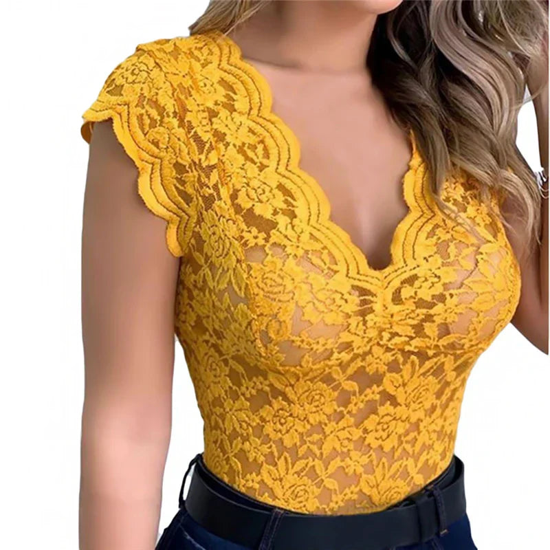 Sommer Damen Top Spitze | Blumenmuster | Luftig und stylisch | Casual bis schick-Gelb-S-Luzern Mode