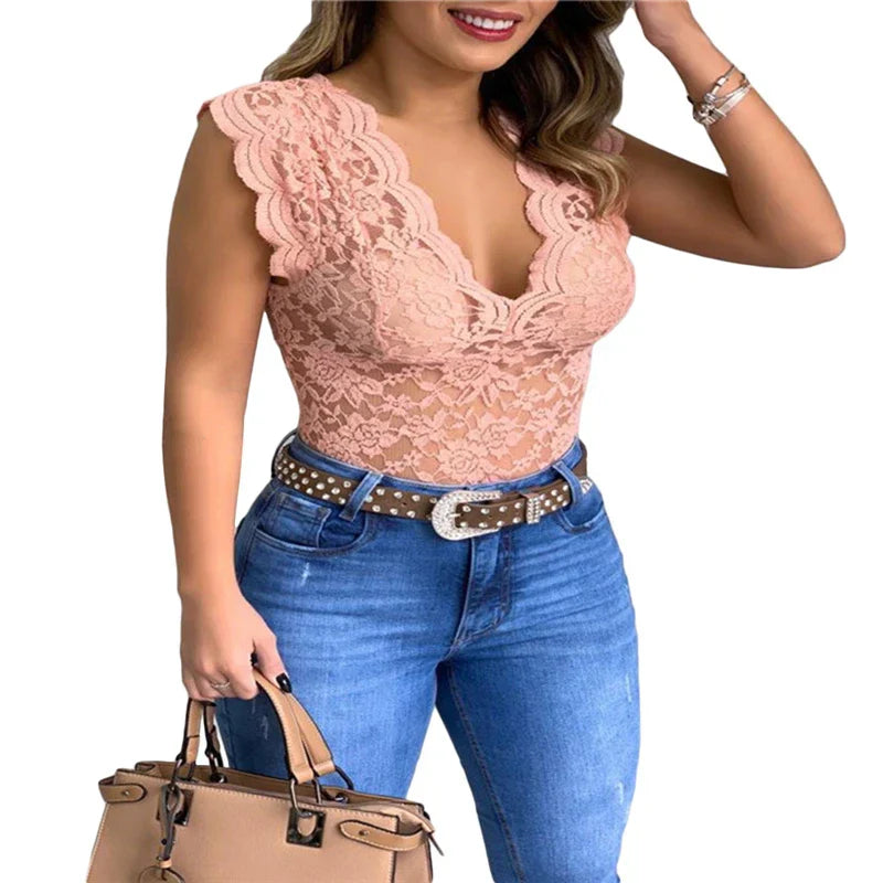 Sommer Damen Top Spitze | Blumenmuster | Luftig und stylisch | Casual bis schick-Rosa-S-Luzern Mode