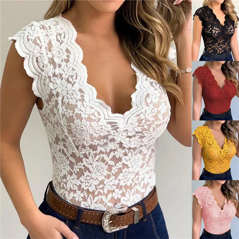 Sommer Damen Top Spitze | Blumenmuster | Luftig und stylisch | Casual bis schick-Luzern Mode