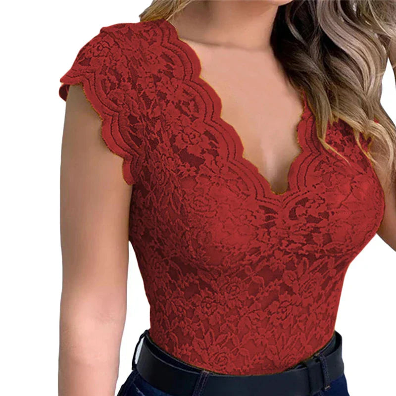 Sommer Damen Top Spitze | Blumenmuster | Luftig und stylisch | Casual bis schick-Rot-S-Luzern Mode