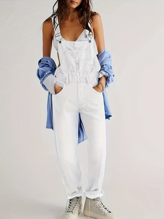 Trendiger Damen Jumpsuit | Denim Look für Alltag | Luftig und vielseitig kombinierbar-Weiß-XS-Luzern Mode