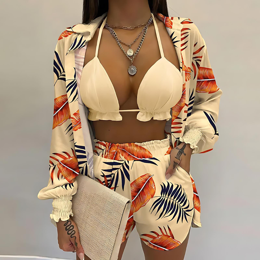 3-teiliges Sommer Set Damen | Tropen Look | Bikini Shorts Cover-up | Leicht & stylisch-Apricot-Banane-S-Luzern Mode