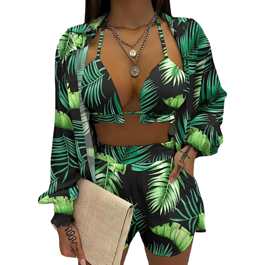 3-teiliges Sommer Set Damen | Tropen Look | Bikini Shorts Cover-up | Leicht & stylisch-Banane-Grün-S-Luzern Mode