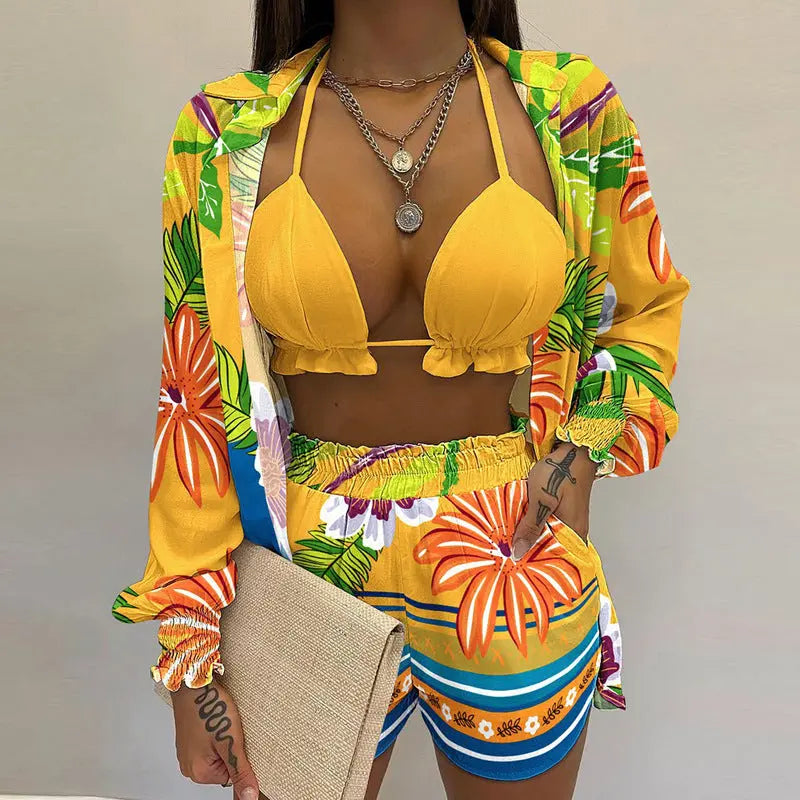 3-teiliges Sommer Set Damen | Tropen Look | Bikini Shorts Cover-up | Leicht & stylisch-Fluorgelb-S-Luzern Mode