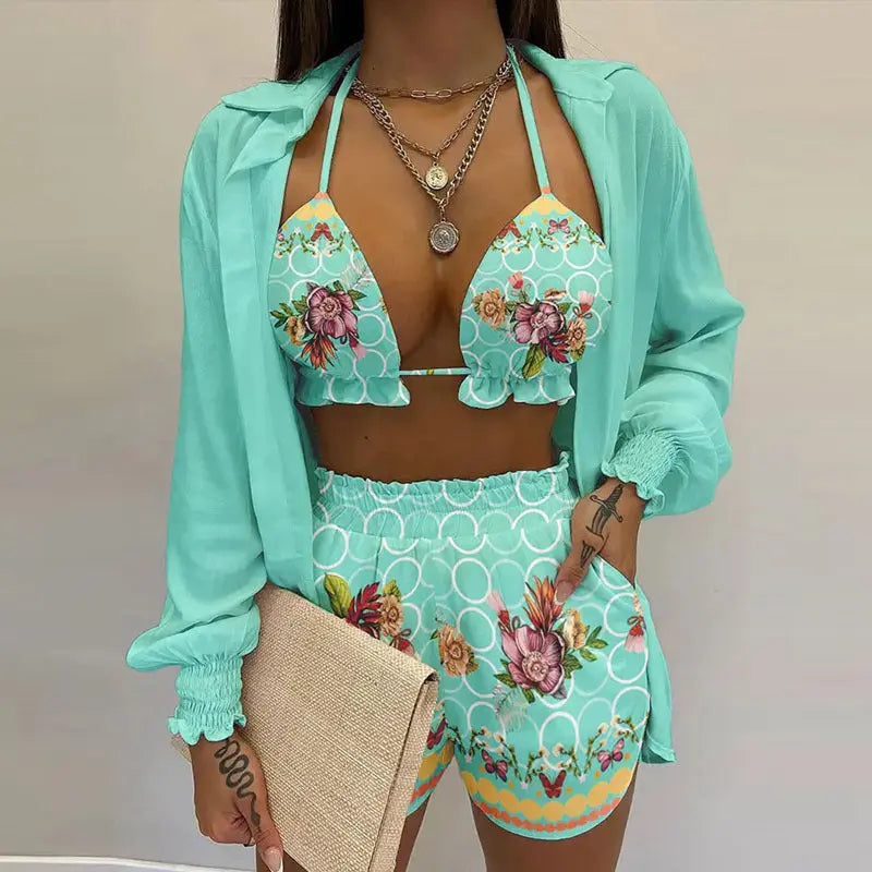 3-teiliges Sommer Set Damen | Tropen Look | Bikini Shorts Cover-up | Leicht & stylisch-Hellblau-S-Luzern Mode