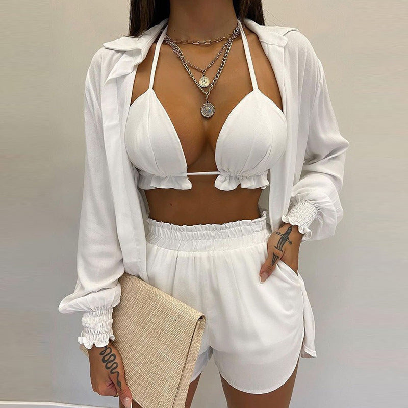 3-teiliges Sommer Set Damen | Tropen Look | Bikini Shorts Cover-up | Leicht & stylisch-Weiß-S-Luzern Mode
