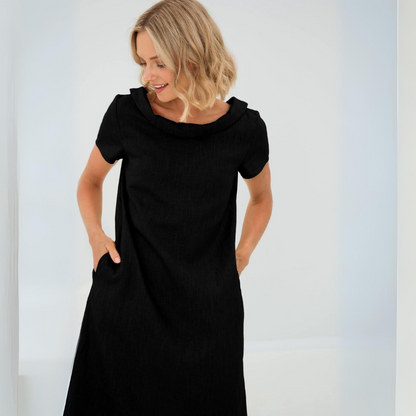Sommerkleid Damen Leinen | Luftig | Kurzarm mit Taschen | Für Alltag & Urlaub-Schwarz-XS-Luzern Mode