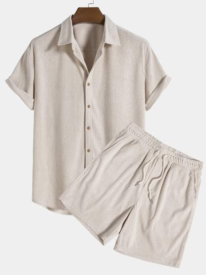Herren Sommer Set | Kurzarmhemd und Shorts | Cordstoff | Komfortabel und stylisch-Beige-S-Luzern Mode