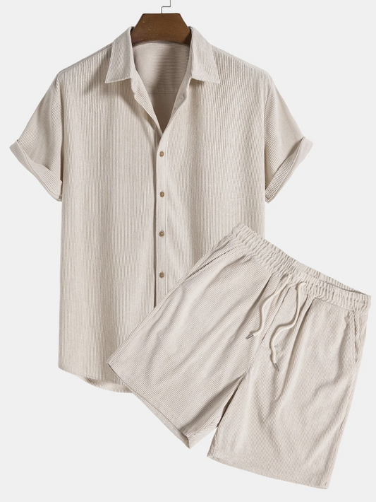 Herren Sommer Set | Kurzarmhemd und Shorts | Cordstoff | Komfortabel und stylisch-Beige-S-Luzern Mode
