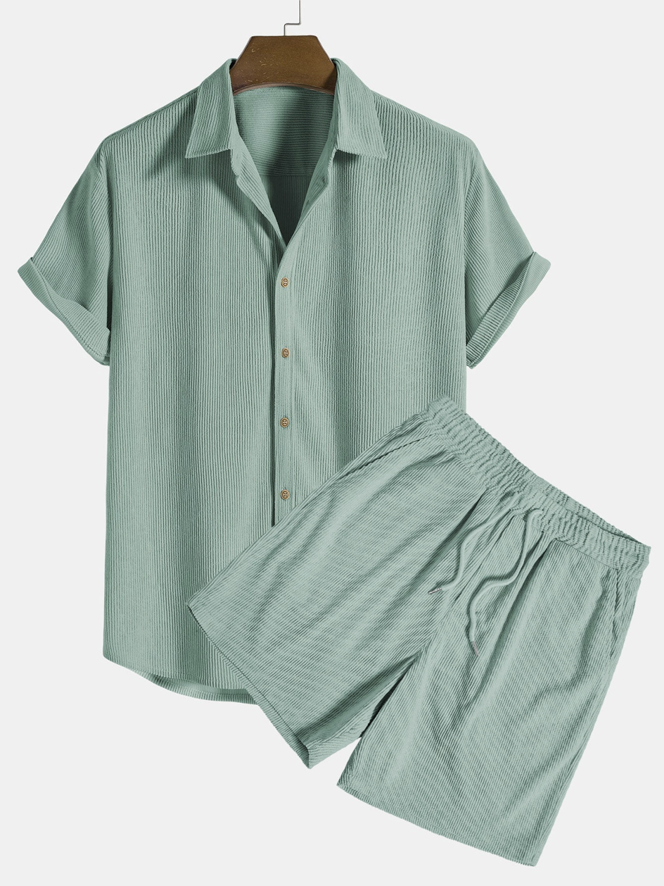 Herren Sommer Set | Kurzarmhemd und Shorts | Cordstoff | Komfortabel und stylisch-Grün-S-Luzern Mode
