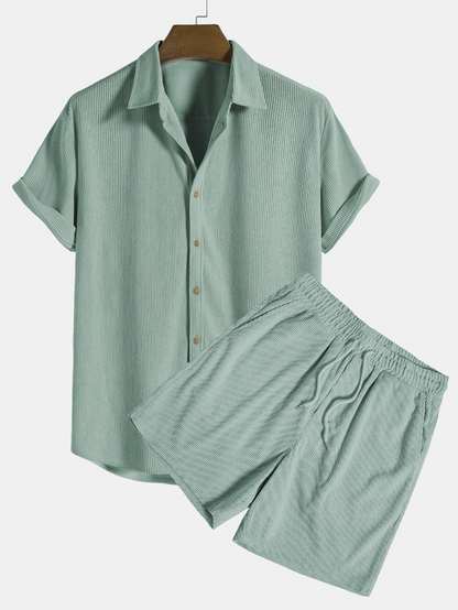 Herren Sommer Set | Kurzarmhemd und Shorts | Cordstoff | Komfortabel und stylisch-Grün-S-Luzern Mode
