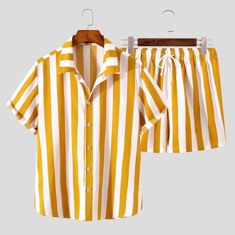 Herren Sommer Set Streifen | Luftig bequem | Für Strand Urlaub Freizeit Sommer-Gelb-S-Luzern Mode