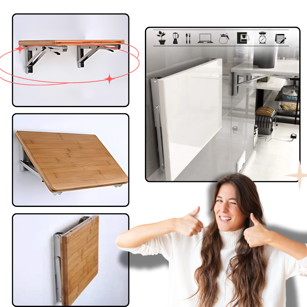 Klapptisch an der Wand in drei Stellungen, Küchenbeispiel mit hochgeklappter Platte und lächelnde Frau mit Daumen hoch 4