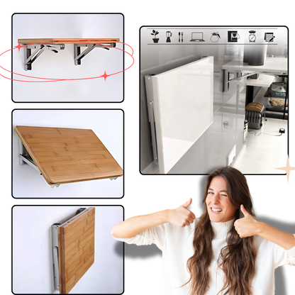 Klapptisch an der Wand in drei Stellungen, Küchenbeispiel mit hochgeklappter Platte und lächelnde Frau mit Daumen hoch 4