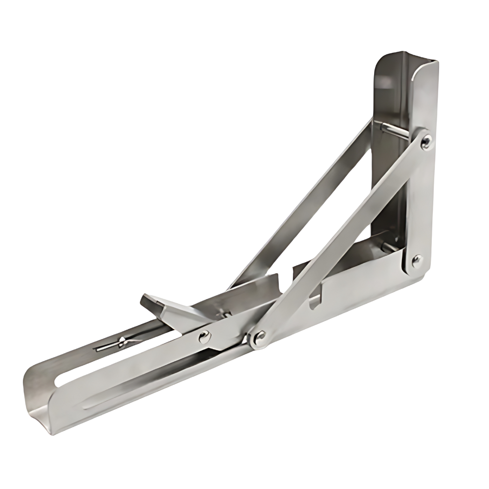 Einzelne aufgeklappte Halterung aus gebürstetem Edelstahl in Schrägansicht mit Klappmechanismus und Riegel 8