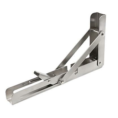 Einzelne aufgeklappte Halterung aus gebürstetem Edelstahl in Schrägansicht mit Klappmechanismus und Riegel 8