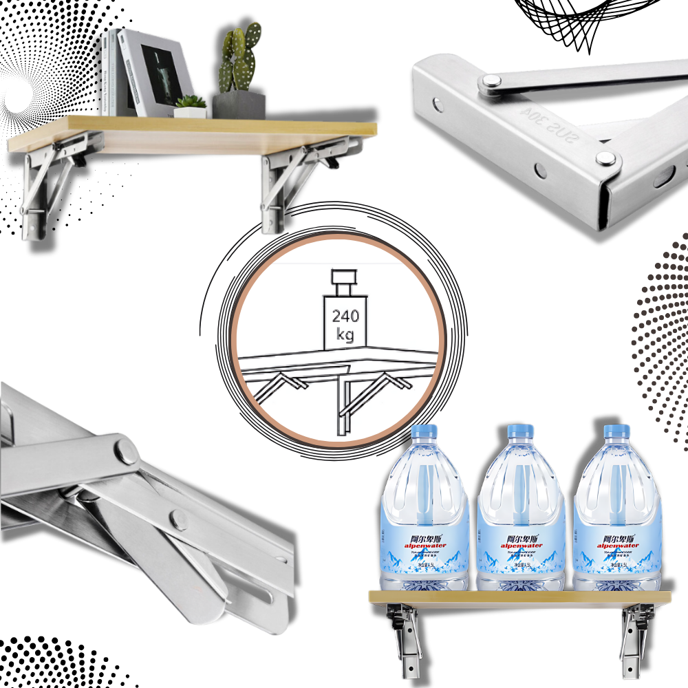 Collage mit Holzregal auf Halterungen, Edelstahl-Detailaufnahmen, Tragkraft-Grafik und Regal mit drei Wasserkanistern 1
