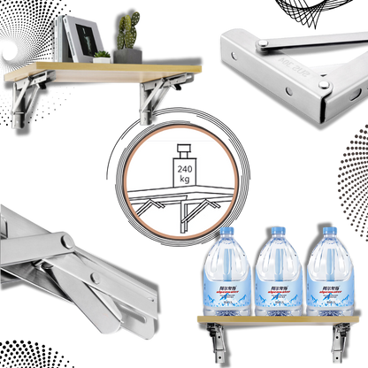 Collage mit Holzregal auf Halterungen, Edelstahl-Detailaufnahmen, Tragkraft-Grafik und Regal mit drei Wasserkanistern 1