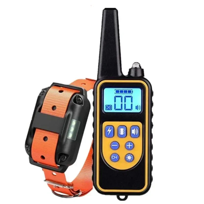 Fernbedienung mit Display und Tasten neben dem Empfänger an einem orangefarbenen Halsband 10