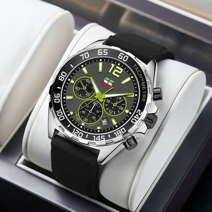 Schwarze Herrenarmbanduhr mit grünem Zifferblatt, Chronograph, Edelstahlgehäuse.