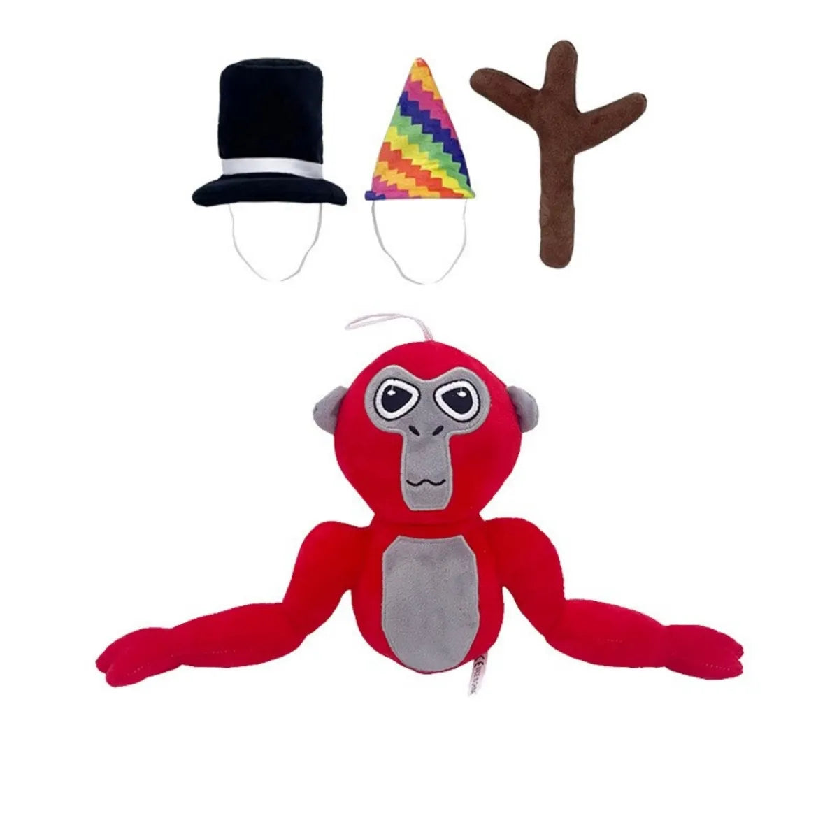 Rotes Gorilla-Plüschtier mit Zylinder, Partyhut und Astspielzeug, Kinderzimmer-Dekoration.