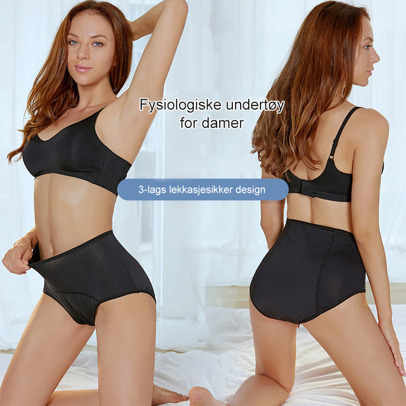 Zwei Ansichten einer Frau in schwarzem BH und schwarzem Slip mit hohem Bund, links von vorn, rechts von hinten. 1