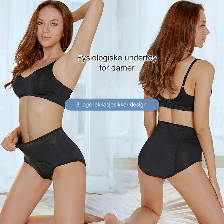 Zwei Ansichten einer Frau in schwarzem BH und schwarzem Slip mit hohem Bund, links von vorn, rechts von hinten. 1
