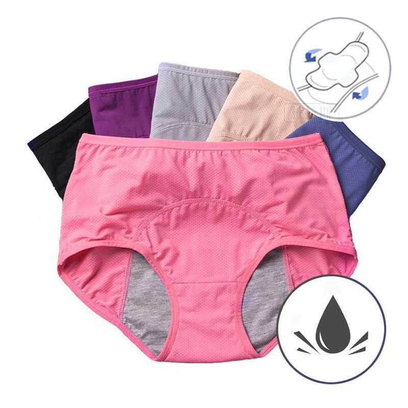 Fünf Slips in Schwarz, Lila, Grau, Beige und Blau hinter einem rosa Slip mit grauem Einsatz, dazu Symbole für Saugkraft und Tropfen. 2