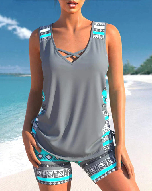 Tankini Damen Sommer | V-Ausschnitt | Geometrisches Muster | Bequem | Strand-Grau-S-Luzern Mode