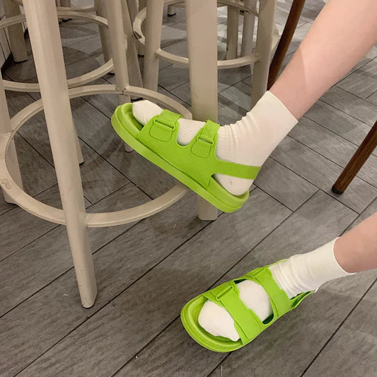 Plateau Sandalen Damen | verstellbare Riemen | luftiges Material | Sommerlook-Apfelgrün-35-Luzern Mode