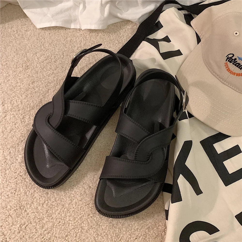 Plateau Sandalen Damen | verstellbare Riemen | luftiges Material | Sommerlook-Cut-Out Schwarz-35-Luzern Mode