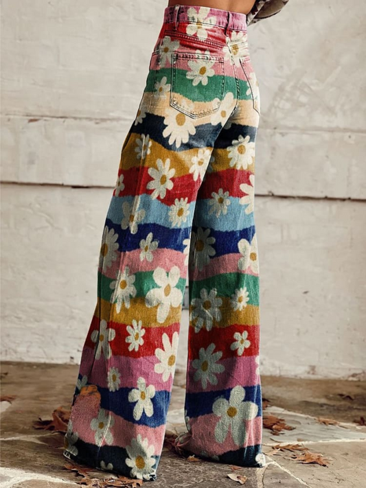 Retro Hose Damen | Blumenmuster | Schlaghose High Waist | Trendy & bequem-S-Luzern Mode