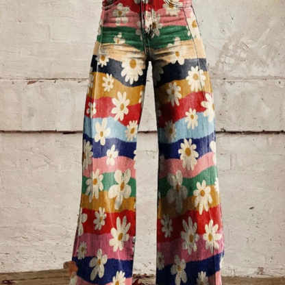 Retro Hose Damen | Blumenmuster | Schlaghose High Waist | Trendy & bequem-Luzern Mode