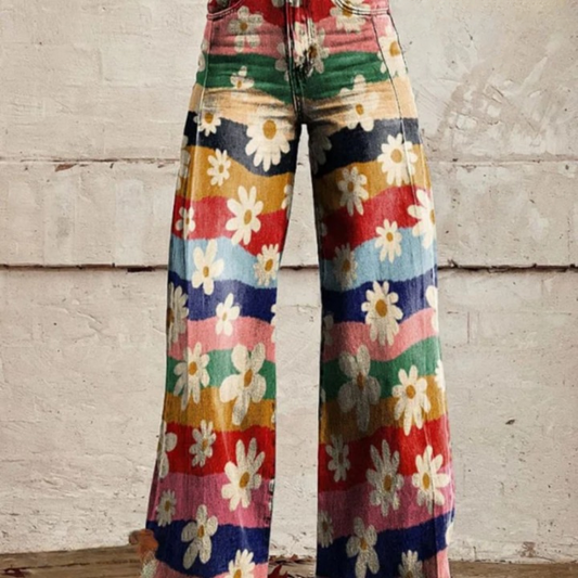 Retro Hose Damen | Blumenmuster | Schlaghose High Waist | Trendy & bequem-Luzern Mode