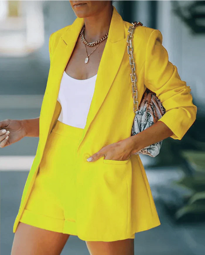 Elastischer Blazer | High-Waist Shorts mit Gürtel | figurschmeichelnd | knitterfrei-Gelb-S-Luzern Mode