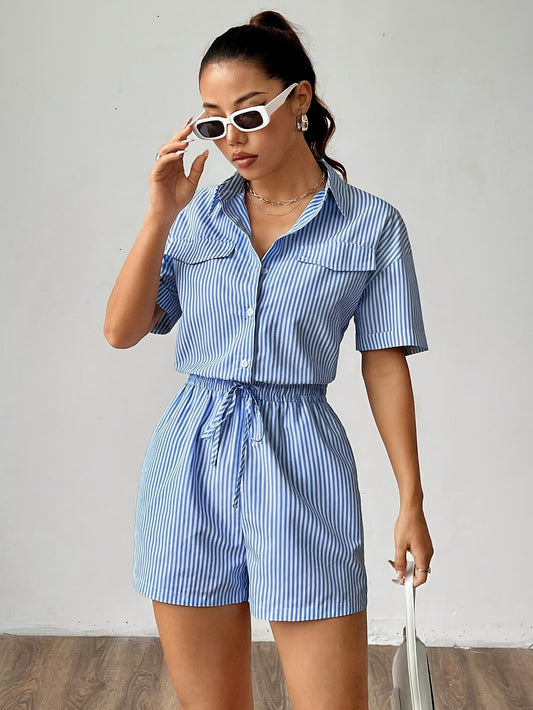 Damen Sommer Jumpsuit | Kurzarm | Streifenlook | Luftig bequem für heiße Tage-Luzern Mode