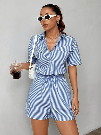 Damen Sommer Jumpsuit | Kurzarm | Streifenlook | Luftig bequem für heiße Tage-Luzern Mode