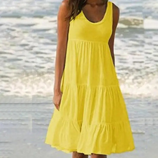 Sommerkleid Damen Mini | Ärmelloses Kleid | Trendiges Casual-Outfit mit Rundhalsausschnitt-Gelb-S-Luzern Mode