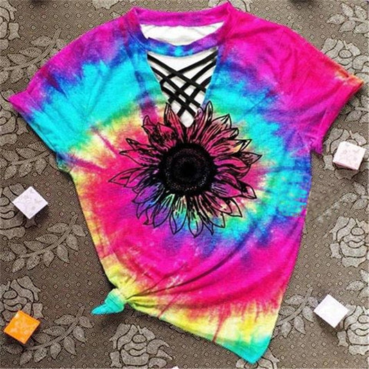 Damen T-Shirt Sommer | Tie-Dye | Cut-Out Design | V-Ausschnitt | Freizeitmode-A-S-Luzern Mode
