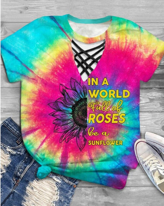 Damen T-Shirt Sommer | Tie-Dye | Cut-Out Design | V-Ausschnitt | Freizeitmode-B-S-Luzern Mode