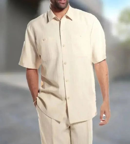Zweiteiler Herren | 3D-Alloverprint | Atmungsaktiv & leicht | Reverskragen | Kurzarmhemd-Beige-S-Luzern Mode