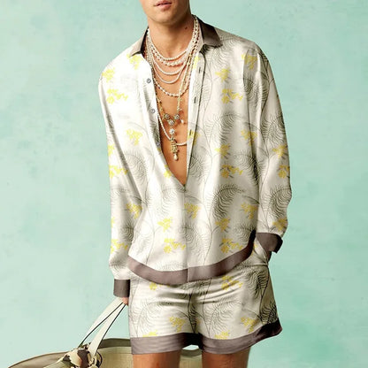 Hawaii Set Herren zweiteilig | Kurzarmhemd | Shorts | tropischer Print | luftig-Beige/Gelb-S-Luzern Mode