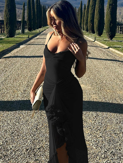 Maxi Sommerkleid Damen | Rüschen | Bequem | Figurfreundlich | Sommerfarben-Schwarz-XS-Luzern Mode